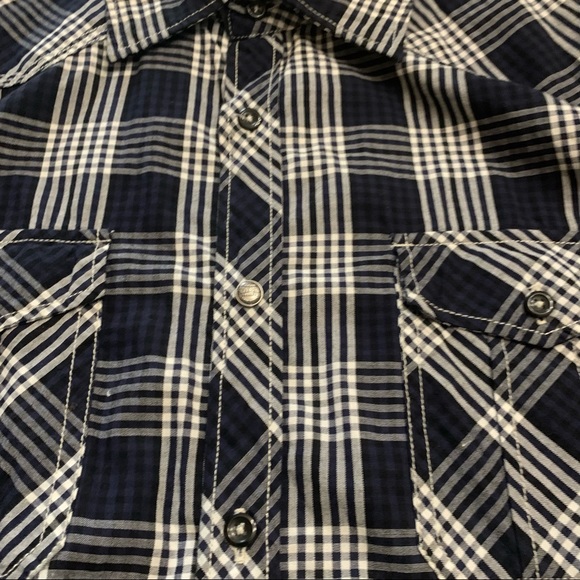 SUPER BAD SHIRT CO navy and black plaid long sleeve button-down shirt Size L - Picture 3 of 15